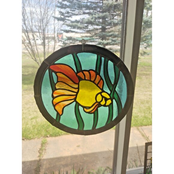 Vintage Hand Made Stained Glass Window Hanging 10" Diameter Angelfish - Picture 13 of 13